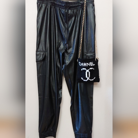 Black Faux Leather Cargo Joggers-Pants - Picture 9 of 9